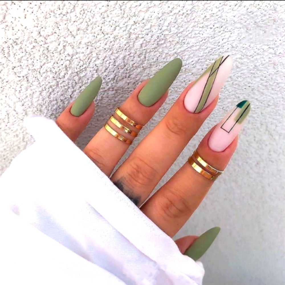 New Muted green nude long presson nails with geometric patterns + gift b…